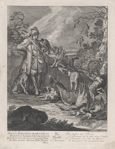 Autumn from the Dog's Four Seasons by Johann Elias Ridinger, print, 1720-1767