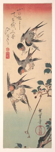 Swallows and Budding Wild Cherry by Utagawa Hiroshige (歌川広重), print, 1845-1855