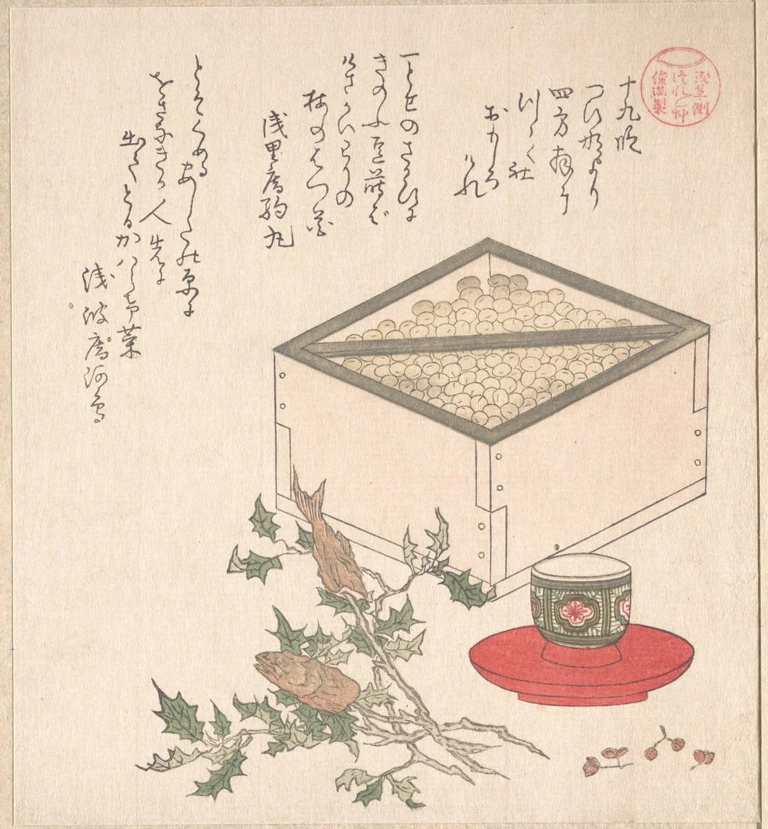 Green Peas in a Measure and Sprays of Hollyhock with Heads of Sardines; Symbols Representing the Ceremony of Exorcising Demons by Kubo Shunman (窪俊満), print, 1800-1820