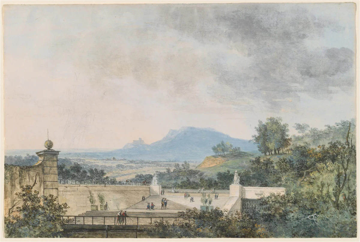 Panoramic View across a Terraced Park by Louis Gabriel Moreau, drawing, 1780-1790
