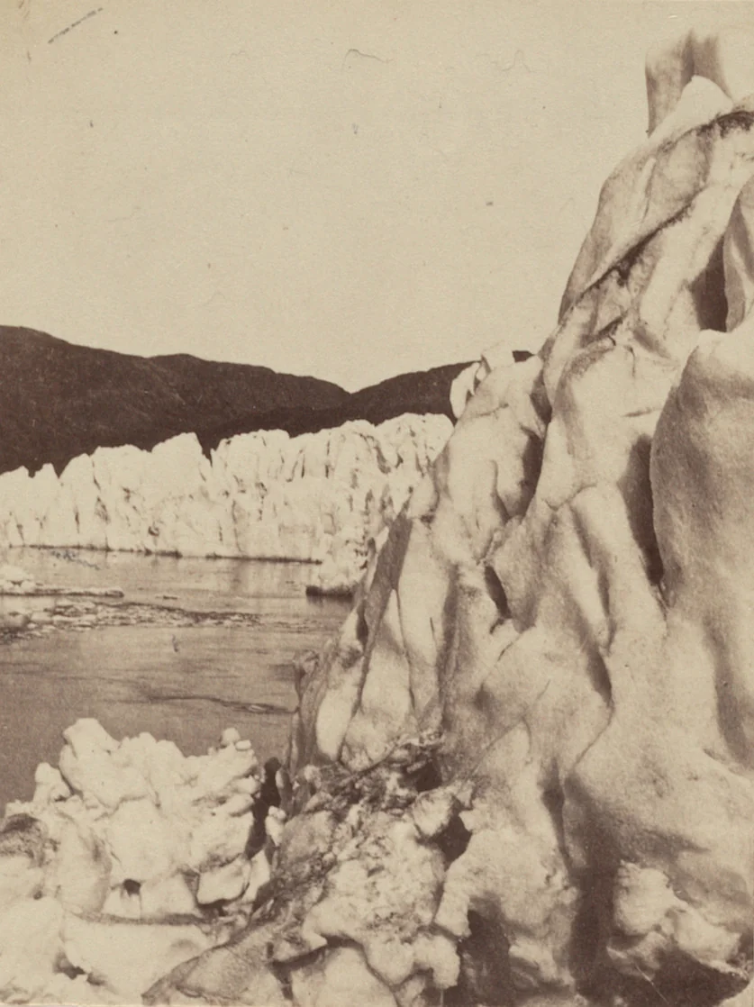 "Side view of the glacier, where the middle is forced out more rapidly than the sides." by George P. Critcherson, John L. Dunmore, William Bradford, photograph, 1869