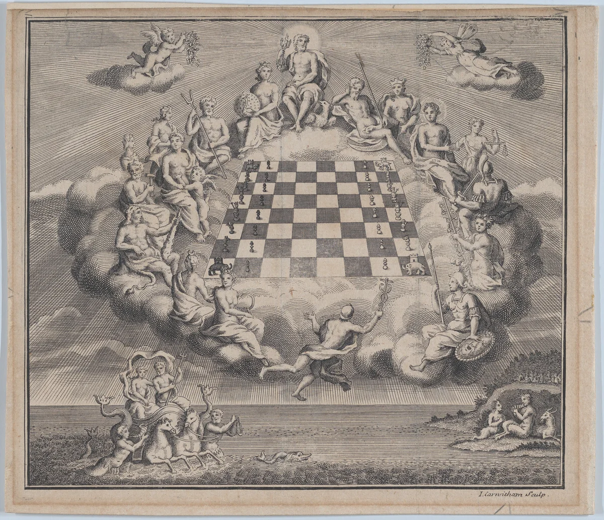 Heavenly Scene with the Gods of Olympus Surrounding a Chess Board, Poseidon and Pan Below by John Carwitham, print, 1723-1741