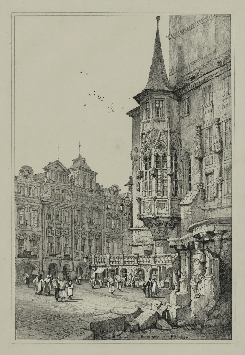 Facisimilies of Sketches made in Flanders and Germany: Hotel de Ville, Prague by Samuel Prout, print, 1833