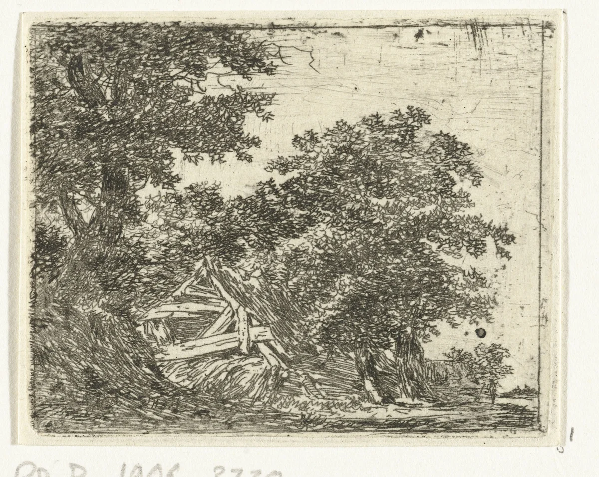 Vervallen hut in het bos by Hermanus van Brussel, print, 1800-1815