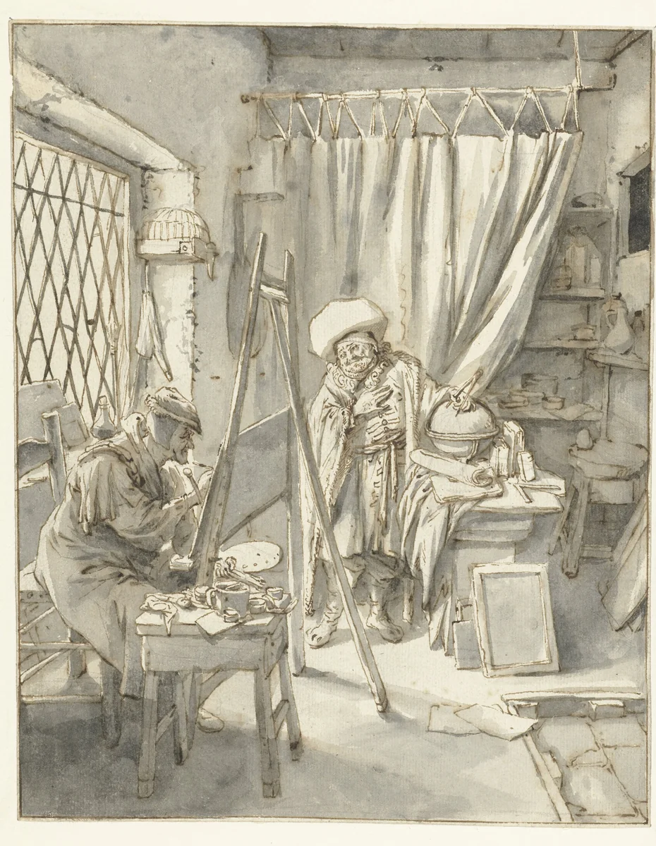 An Artist with a Model in his Studio by Cornelis Dusart, drawing, 1690-1700