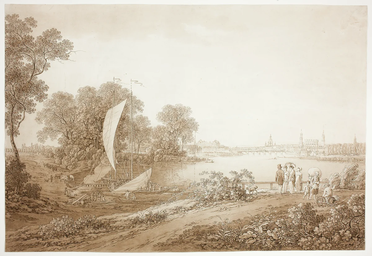 View of Dresden from Pieschen by Adrian Zingg, drawing, 1800-1810