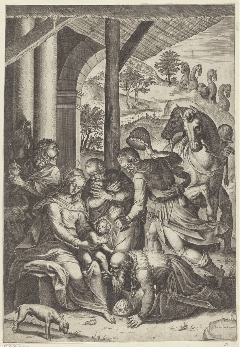 Aanbidding door de koningen by Agostino Carracci, print, 1567-1602