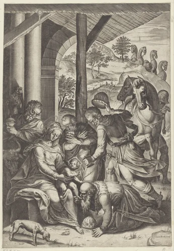 Aanbidding door de koningen by Agostino Carracci, print, 1567-1602