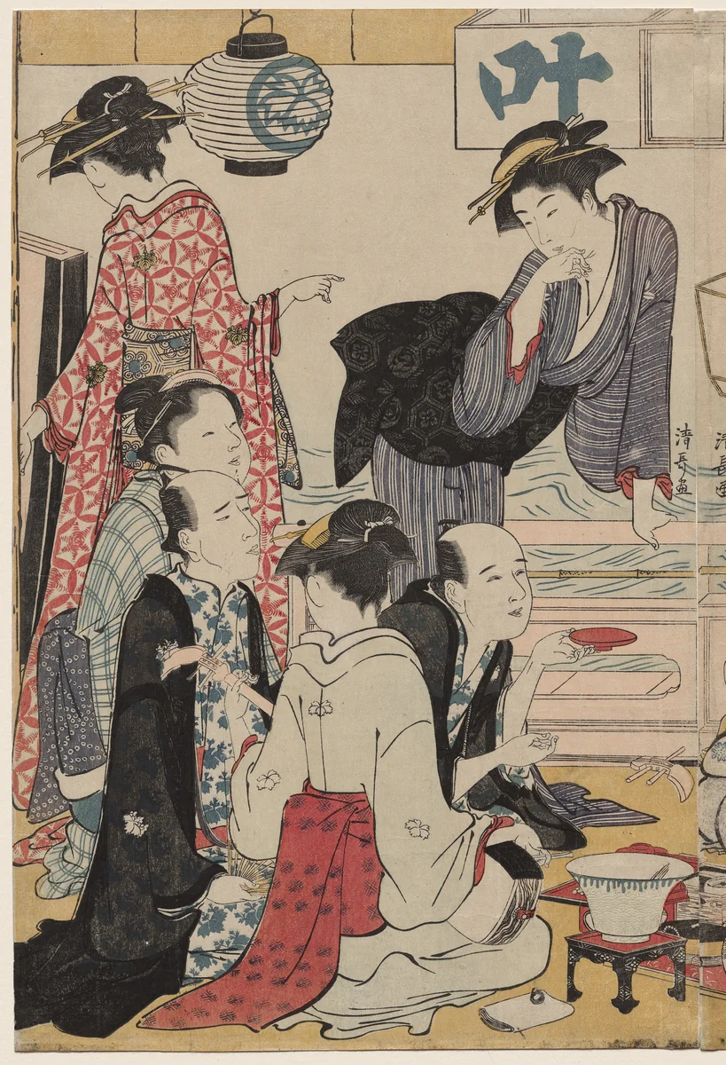 Entertainment on a Balcony by the Water at Nakasu, from the series, A Collection of Beautiful Modern Women of the Pleasure Quarters by Torii Kiyonaga (鳥居清長), print, 1783