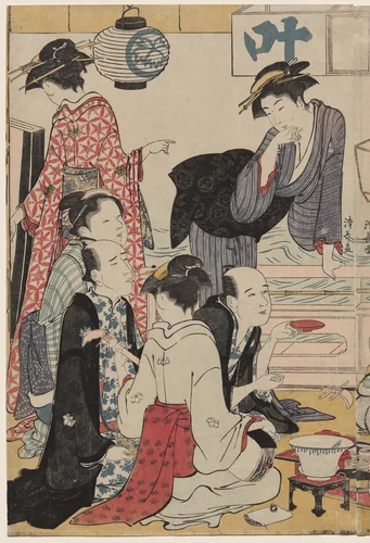 Entertainment on a Balcony by the Water at Nakasu, from the series, A Collection of Beautiful Modern Women of the Pleasure Quarters by Torii Kiyonaga (鳥居清長), print, 1783