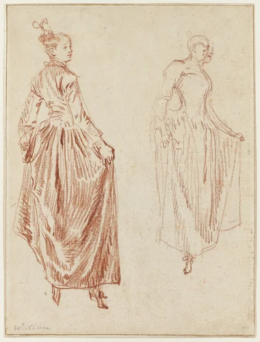 Two Studies of a Dancer, Raising Her Skirt in Her Two Hands by Jean-Antoine Watteau, drawing, 1712-1713