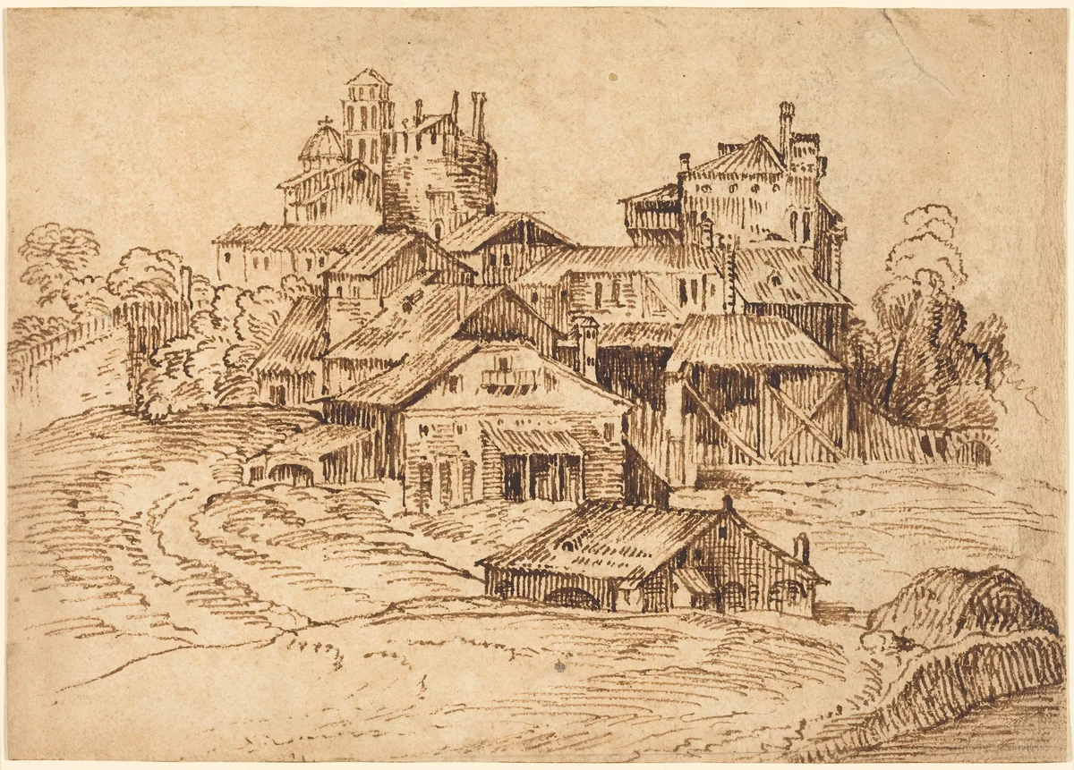 View of an Italian Town (after Titian or Domenico Campagnola) by Bolognese, drawing, 1515-1525