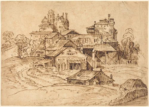 View of an Italian Town (after Titian or Domenico Campagnola) by Bolognese, drawing, 1515-1525