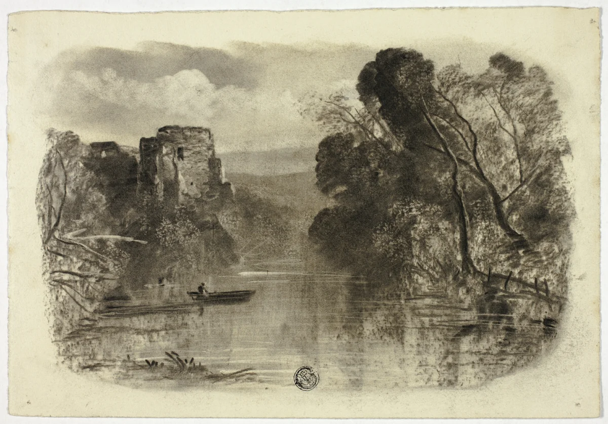River with Castle Ruin and Boat I by Elizabeth Murray, drawing, 1850-1860