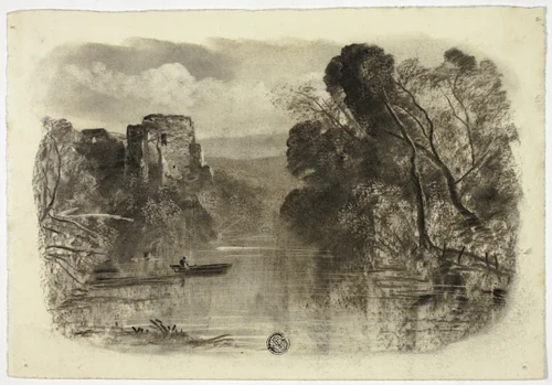 River with Castle Ruin and Boat I by Elizabeth Murray, drawing, 1850-1860