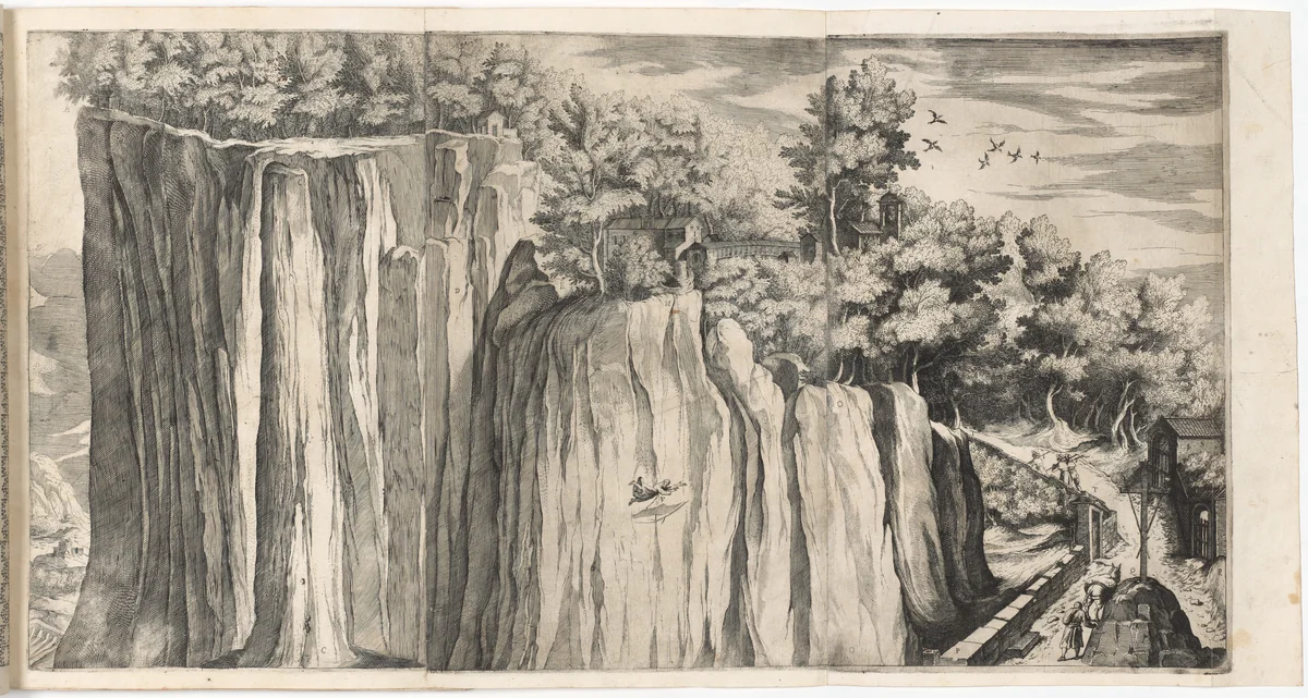 View of the Mountain of La Verna from the Road of Casentino (Vue de la montagne della Vernia...) [plate A] by Jacopo Ligozzi, print, 1612