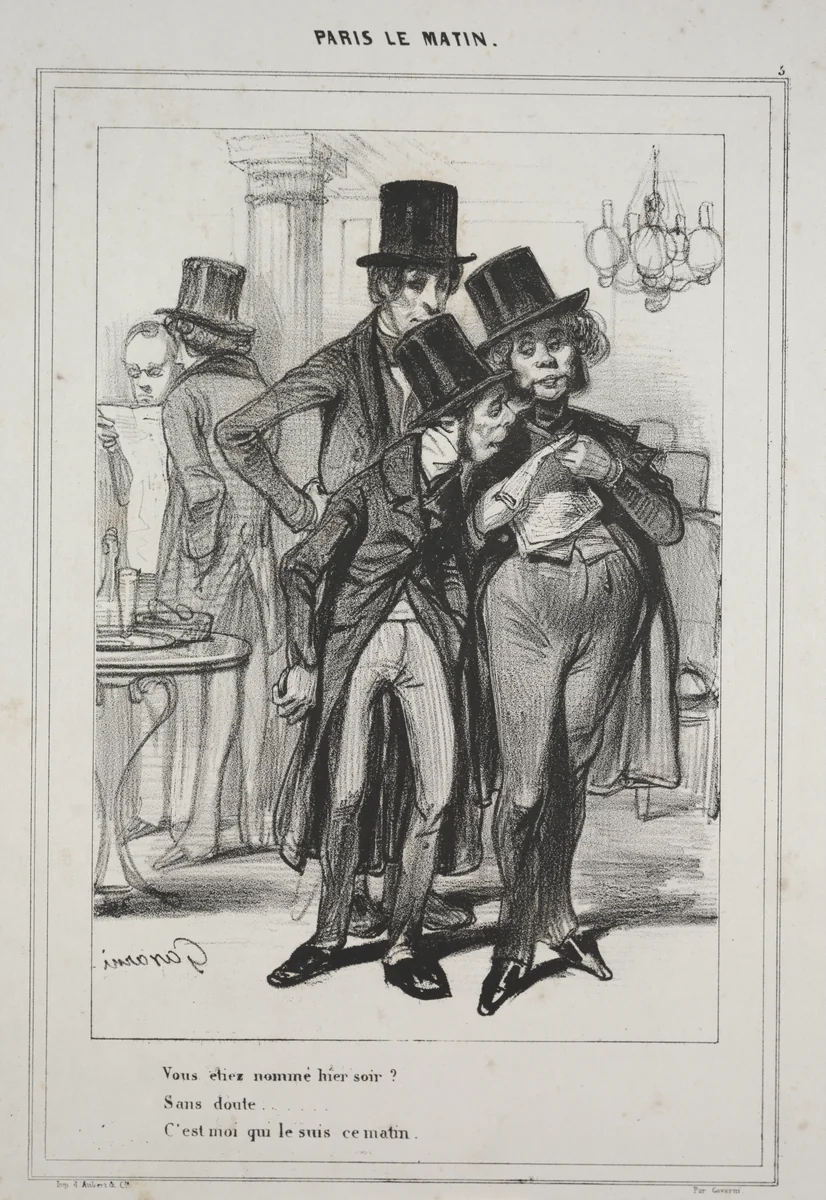 "Vous étiez nommé hier soir?...," from the series Paris Le Matin by Paul Gavarni, print, 1839