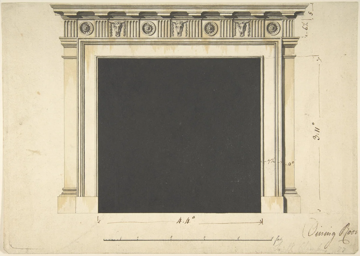 Design for a Chimneypiece with a Classical Cornice, for Ampthill Park, Bedfordshire, Dining Room by Sir William Chambers, drawing, 1764-1774