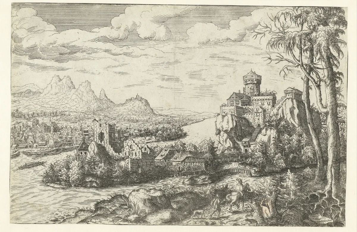 Landschap met rivier en kasteel op een berg by Unknown, print, 1534-1566