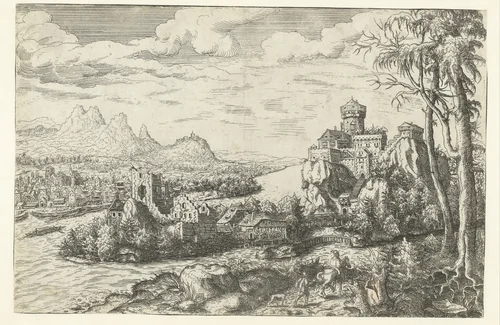 Landschap met rivier en kasteel op een berg by Unknown, print, 1534-1566