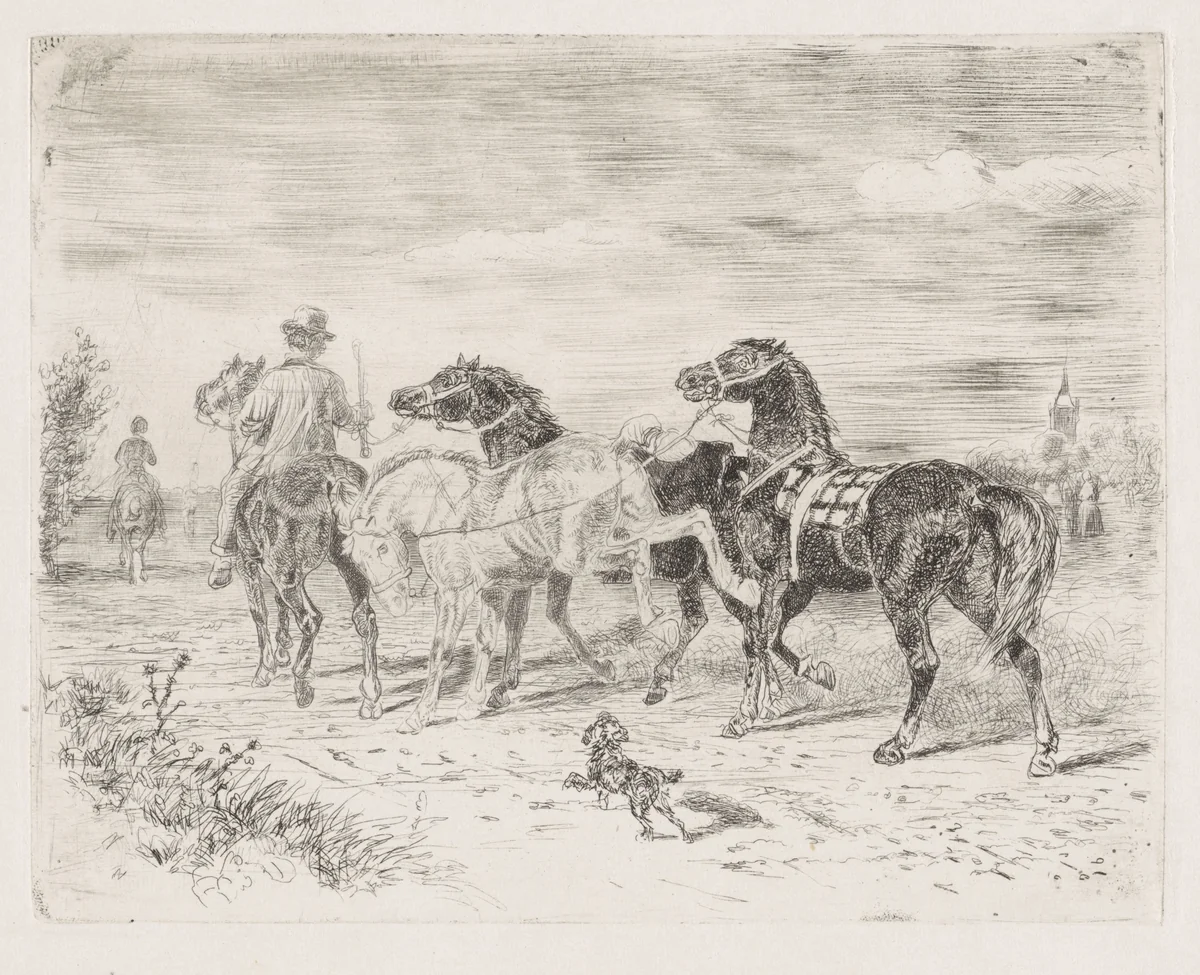 Ruiters met paarden by Cornelis Albertus Johannes Schermer, print, 1839-1915