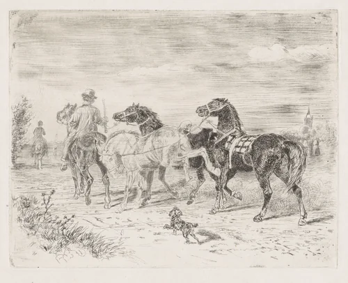 Ruiters met paarden by Cornelis Albertus Johannes Schermer, print, 1839-1915
