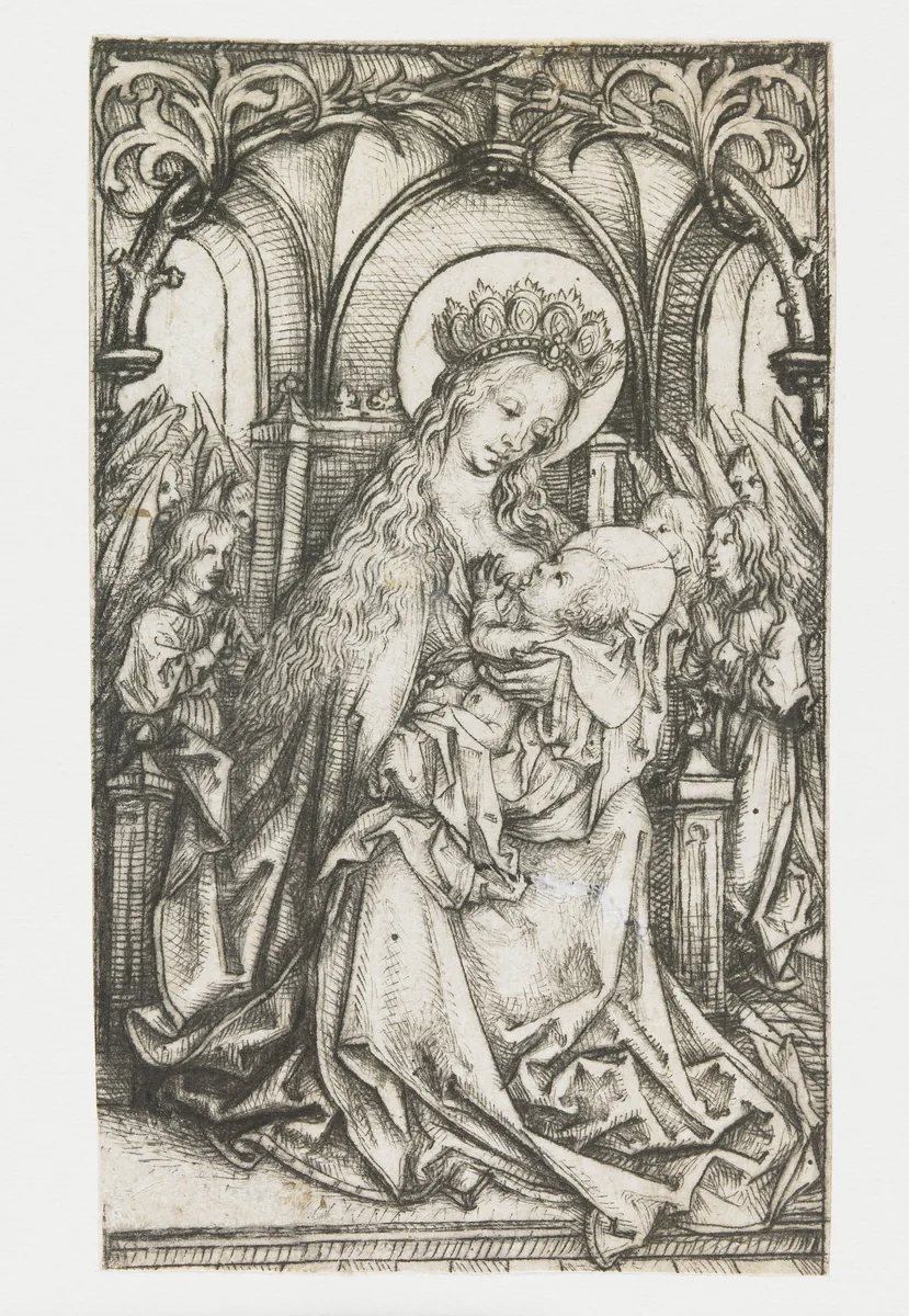 Tronende Madonna door engelen aanbeden by Meester van het Amsterdamse Kabinet, print, 1488-1492