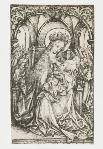Tronende Madonna door engelen aanbeden by Meester van het Amsterdamse Kabinet, print, 1488-1492