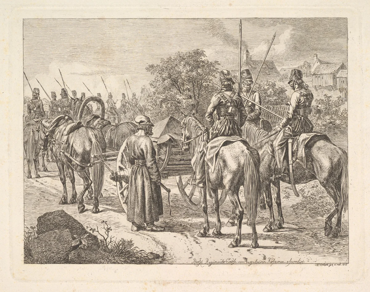 Cossacks Escorting the Regimental Cassone by Johann Christoph Erhard, print, 1815