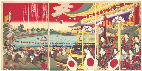 View of the Horse Track at Shinobazu in Ueno Park (Ueno shinobazu keiba zu) by Yōshū Chikanobu (楊洲周延), print, 1885