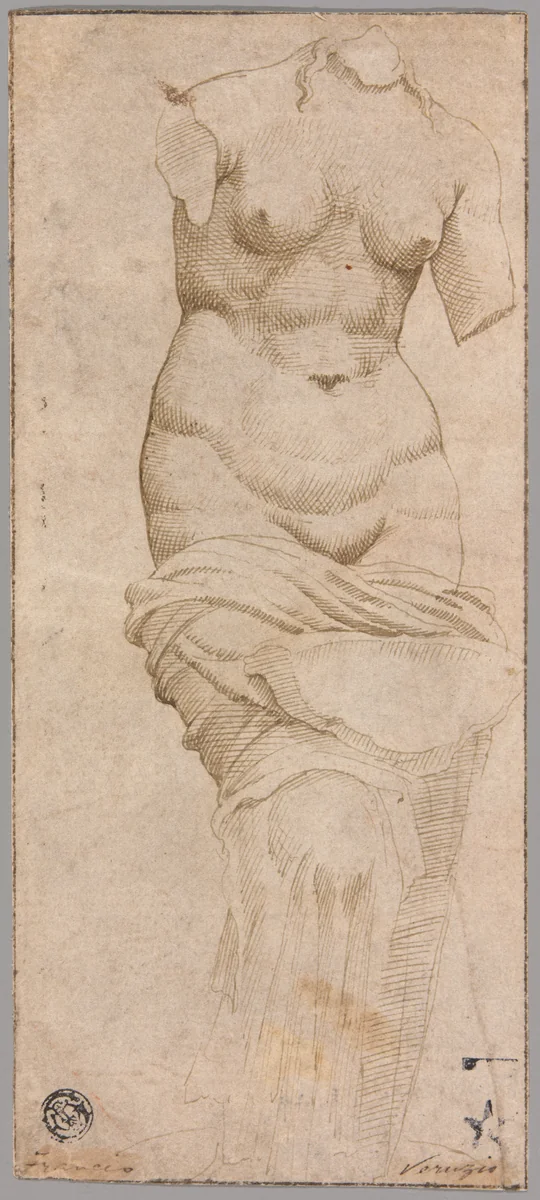 Celestial Venus (recto); Main Hall, Baths of Diocletian (verso) by Maarten van Heemskerck, drawing, 1530-1540