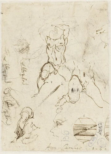Profielschetsen en mannelijk naakt by Unknown, drawing, 1570-1609