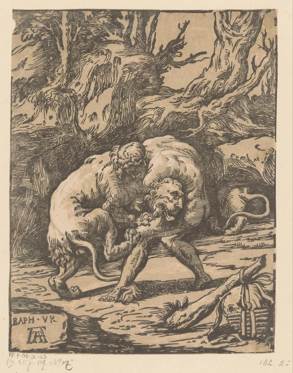 Hercules en de Nemeïsche leeuw by Niccolò Vicentino, print, 1568-1629