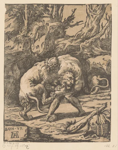 Hercules en de Nemeïsche leeuw by Niccolò Vicentino, print, 1568-1629