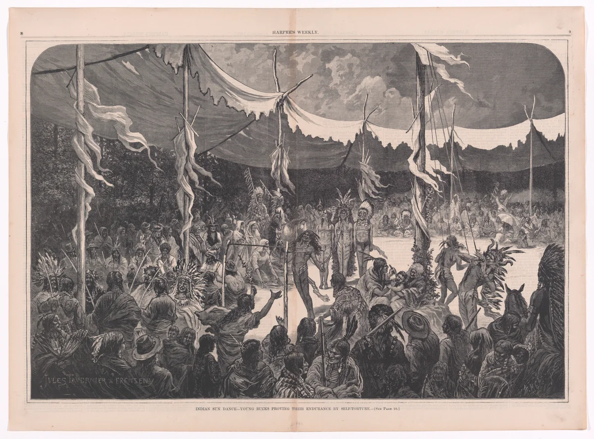 Indian Sun Dance–Young Bucks Proving Their Endurance by Self-Torture ("Harper's Weekly," Vol. XIX, pp. 8-9) by Jules Tavernier, print, 1875