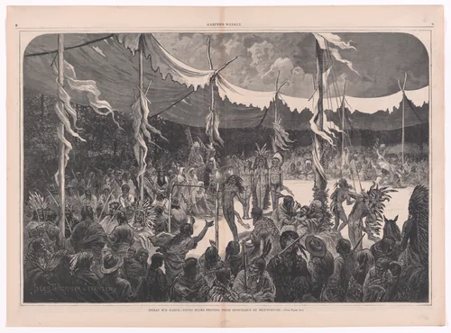 Indian Sun Dance–Young Bucks Proving Their Endurance by Self-Torture ("Harper's Weekly," Vol. XIX, pp. 8-9) by Jules Tavernier, print, 1875