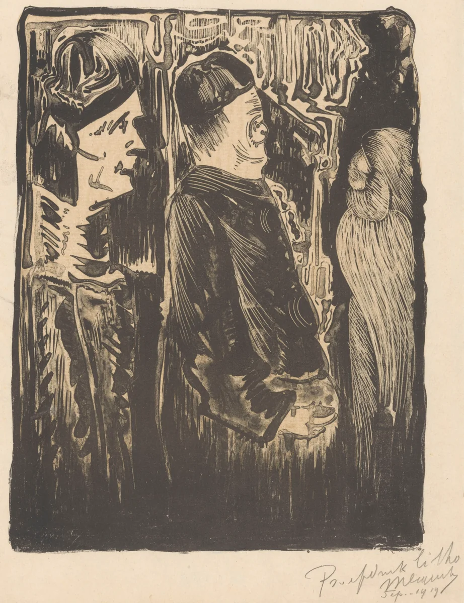 Fantasie: links twee figuren met mutsen op naar rechts, rechts een ingekraste verschijning met verenkleed by Samuel Jessurun de Mesquita, print, 1919