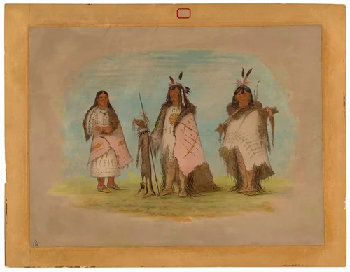 Two Blackfoot Warriors and a Woman by George Catlin, painting, 1861-1869