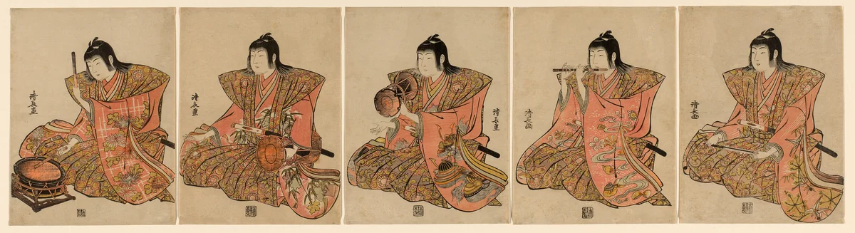 Five Musicians (Gonin bayashi) by Torii Kiyonaga (鳥居清長), print, 1778-1788