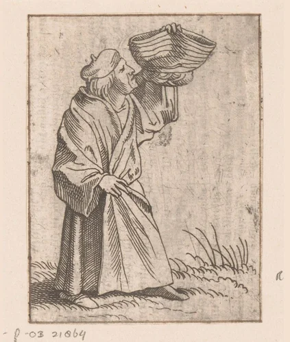 Arts bestudeert een mand alsof het een fles met urine is by Caspar Merian, print, 1516