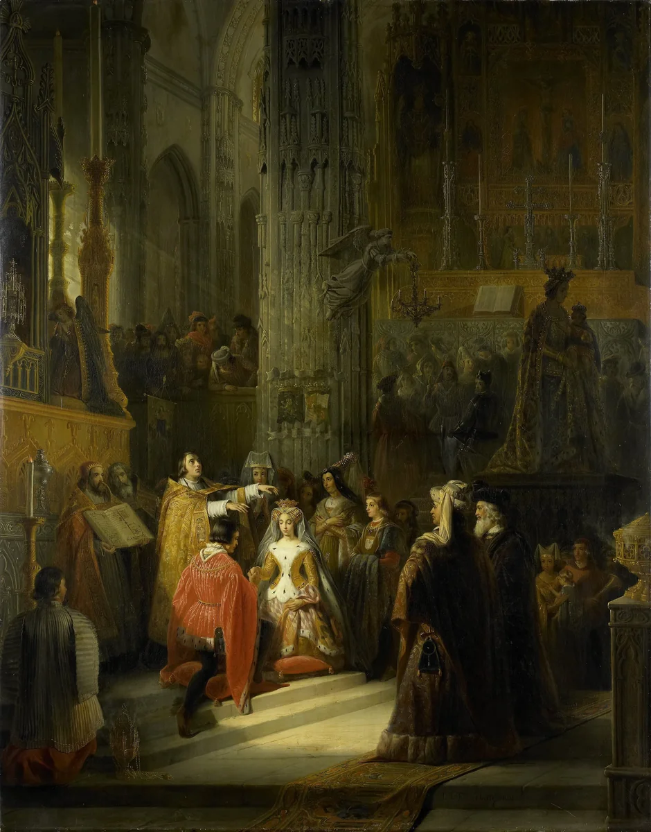 The Wedding of Jacoba of Bavaria, Countess of Holland, and Jan IV, Duke of Brabant, 10 March 1418 by Jacob Joseph Eeckhout, painting, 1839