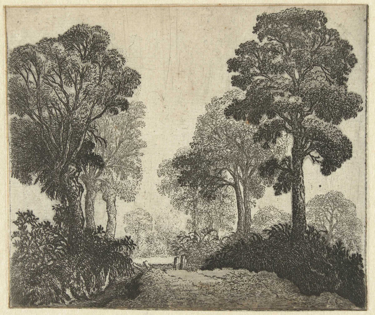 Landschap met bomen langs een pad by Jan van Brosterhuyzen, print, 1610-1650