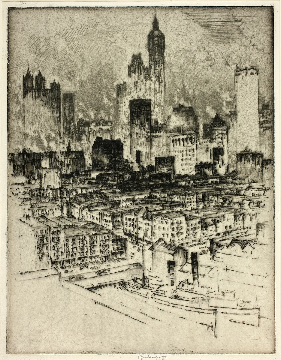 New York, from Brooklyn Bridge by Joseph Pennell, print, 1908