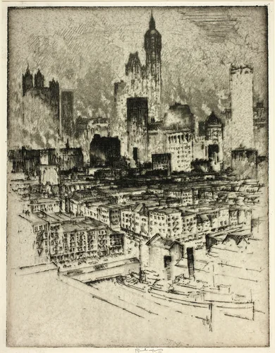 New York, from Brooklyn Bridge by Joseph Pennell, print, 1908