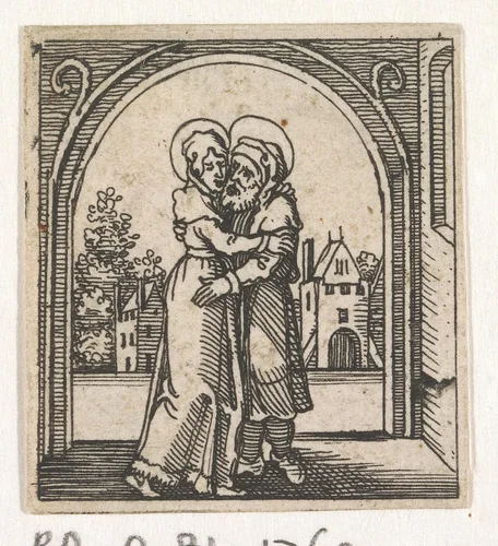 Ontmoeting van Joachim en Anna by Michiel le Blon, print, 1597-1656