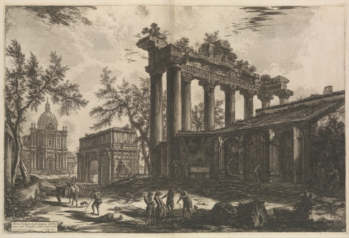 Another view of the remains of the Pronaos of the Temple of Concord (The Temple of Saturn with Arch of Septimius Severus in left background), from "Vedute di Roma" (Views of Rome), part I by Giovanni Battista Piranesi, print, 1750-1780