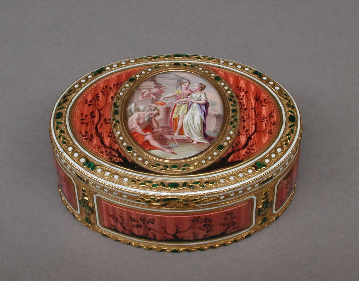 Snuffbox with scene of two maids and cupid at altar of love by Les Frères Souchay, metalwork, 1775-1785