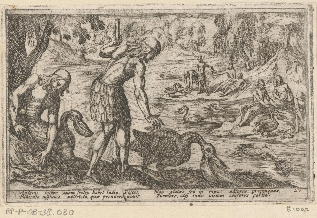 Jagers gebruiken pelikanen om vis te vangen by Antonio Tempesta, print, 1602
