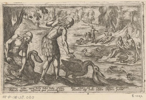 Jagers gebruiken pelikanen om vis te vangen by Antonio Tempesta, print, 1602