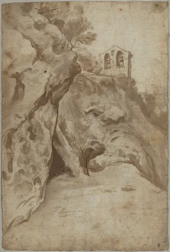 Church Tower on a Hill by Jan Asselijn, drawing, 1610-1652